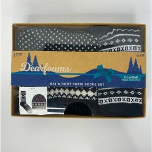 Dearfoams Women's Beanie Hat & Crew Boot Socks. Black Boxed Gift Set Size 4-10.